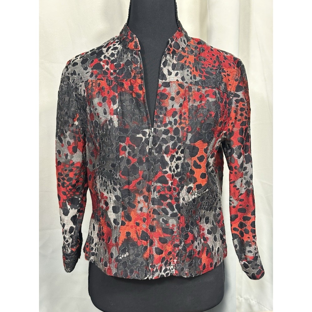 Ruby Rd Jacket Women 4P Red Grey Animal Print Zip Front Mock Neck Excellent